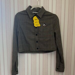 Disney Gray Plaid Cropped Jacket with Mickey Patch